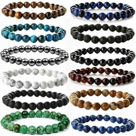 8mm Natural Stone Beads Bracelet For Men Women Handmade Tiger Eye Lava Stone Agate Elastic Strand Yoga Healing Jewelry Gift