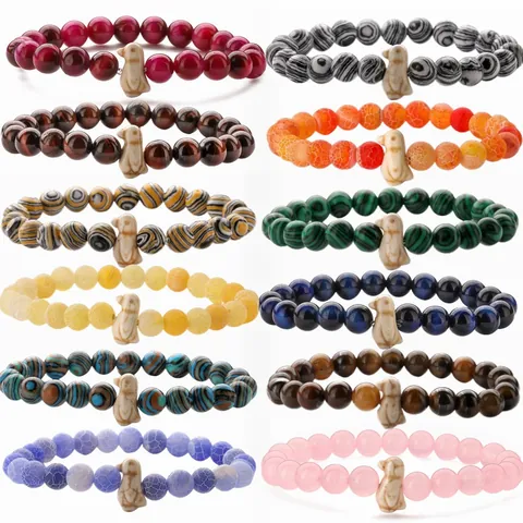 Natural Stone Beaded Bracelet With Penguin Pendant Tiger Eye Agate Weathered Stone Elastic Strand Bracelet For Unisex Jewelry