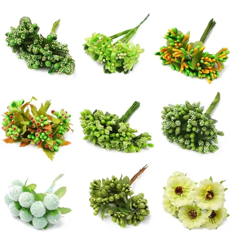 Stami di Fiori Artificiali Mini Bacche Piccoli Fiori in Chiffon Verde per Gioielli Fai-da-te Artigianato Forniture Decorazione
