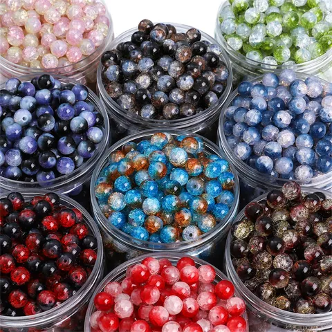 Mixed Color Crackle Glass Round Loose Beads Ice Crackle Texture For Handmade DIY Bracelet Necklace Jewelry Making Accessories