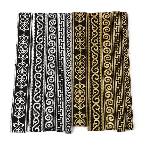 Nastro in Pizzo Ricamato Vintage Oro Argento Filo Metallico Motivo a Volute Greca DIY Finiture Abbigliamento Decorazione