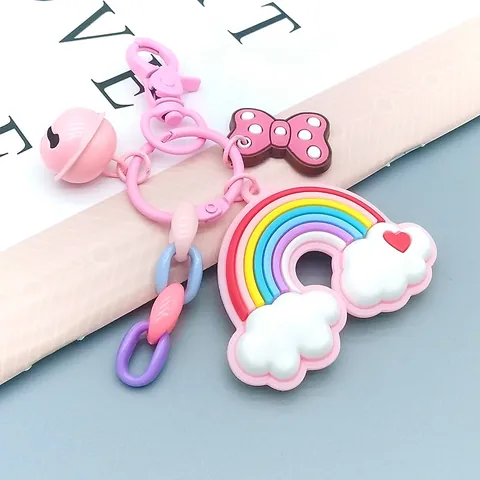 Sweet Cartoon Rainbow Cloud Keychain With Pink Bell Polka Dot Bow Colorful Plastic Chain Silicone Wrist Strap Bag Charm Pendant For Girls