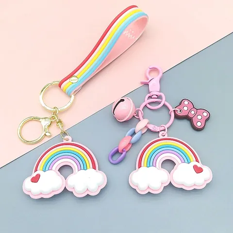 Sweet Cartoon Rainbow Cloud Keychain With Pink Bell Polka Dot Bow Colorful Plastic Chain Silicone Wrist Strap Bag Charm Pendant For Girls