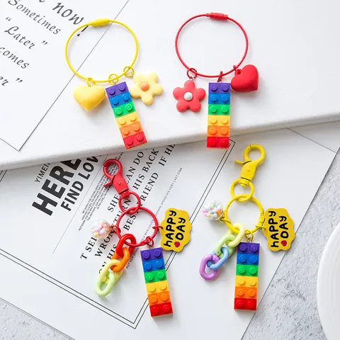 Creative Rainbow Building Block Keychain Heart Flower Charm Bag Pendant Metal Key Ring Gift For Women Girls