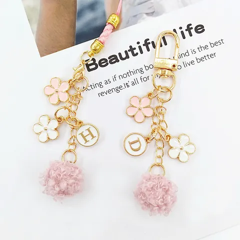Sweet Plush Ball Flower Initial Letter Keychain For Women Gold Enamel Floral Bag Charm Phone Accessories Jewelry