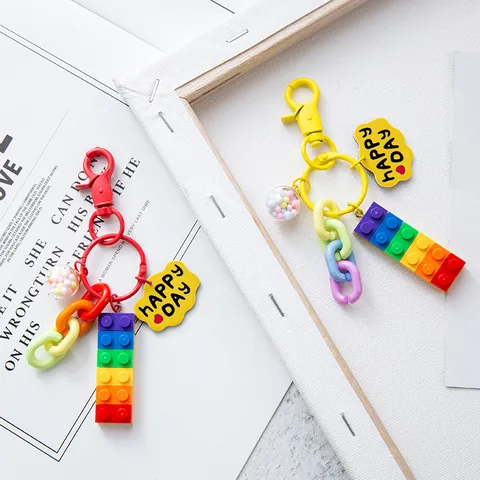 Creative Rainbow Building Block Keychain Heart Flower Charm Bag Pendant Metal Key Ring Gift For Women Girls