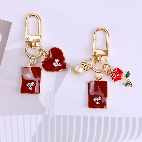 Sweet Red Heart Rose Flower Keychain Alloy Enamel Gold Bag Charm With Artificial Pearl Rhinestone Heart Key Ring Women Gift