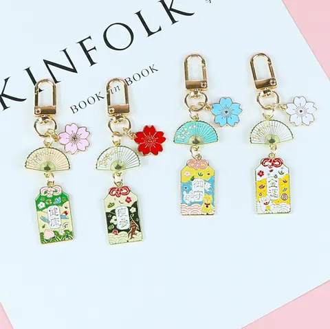 Japanese Style Alloy Enamel Omamori Keychain Cherry Blossom Fan Pendant Good Luck Health Charm Keyring Bag Hanging Ornament Women