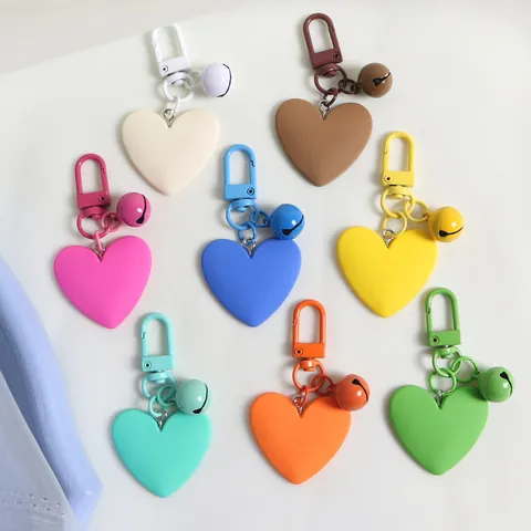 Sweet Candy Color Heart Shaped Bell Keychain Matte Acrylic Metal Keyring Bag Charm Car Accessory For Women Girls Gift