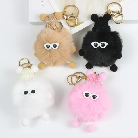 Schattige Pluche Bal Monster Sleutelhanger Met Mini Gebreide Muts En Bril Creatieve Eigenaardige Pom Pom Hanger Voor Dames Meisjes Tas
