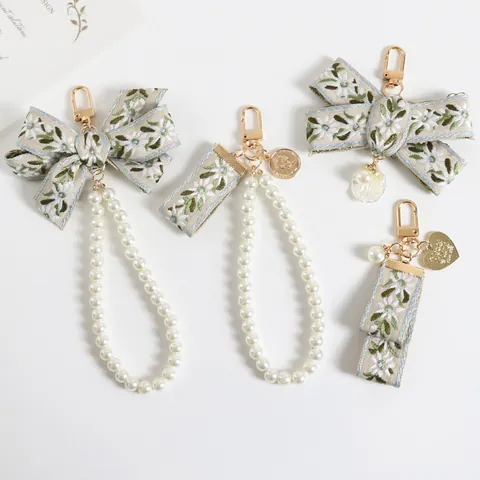 Vintage Floral Embroidered Ribbon Keychain With Artificial Pearl Bracelet Metal Coin Shell Pendant Elegant Bag Accessory For Women