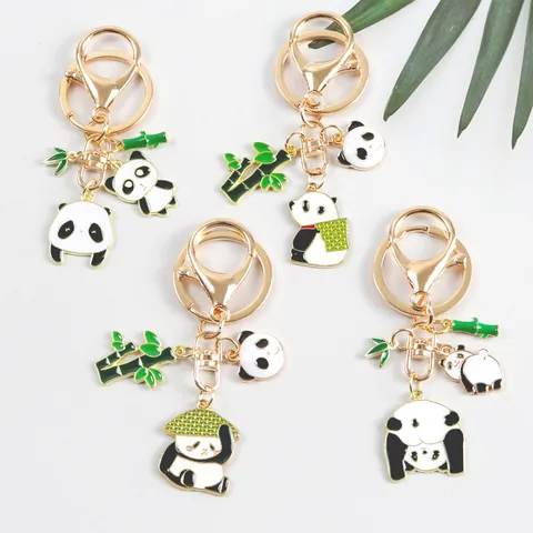 Süß Cartoon Panda Bambus Legierung Schlüsselanhänger Vergoldet Emaille Tier Anhänger Für Tasche Auto Schlüssel Damen Schmuck