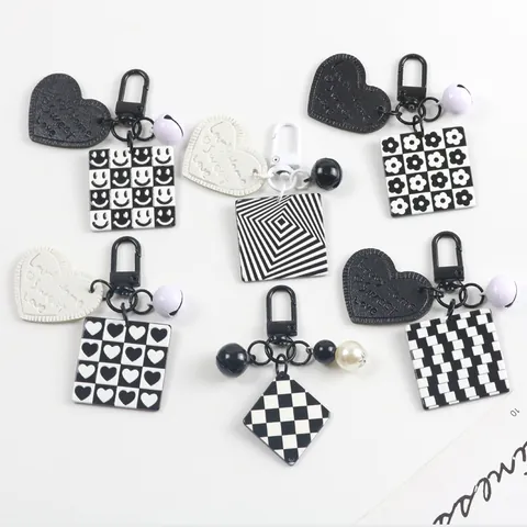Checkerboard Acrylic Square Plate Keychain Black White Heart Pendant Ins Style Bag Charm With Bell For Women Girls