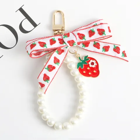 Cute Strawberry Ribbon Keychain Faux Artificial Pearl Bag Charm Alloy Fruit Enamel Pendant Accessory For Women Girls Gift