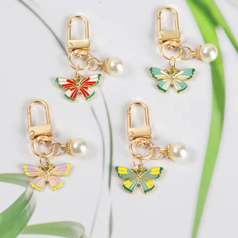 Butterfly Enamel Pearl Keychain For Women Girls Alloy Gold Lobster Clasp Pendant Forest Style Bag Charm Phone Case Jewelry Gift