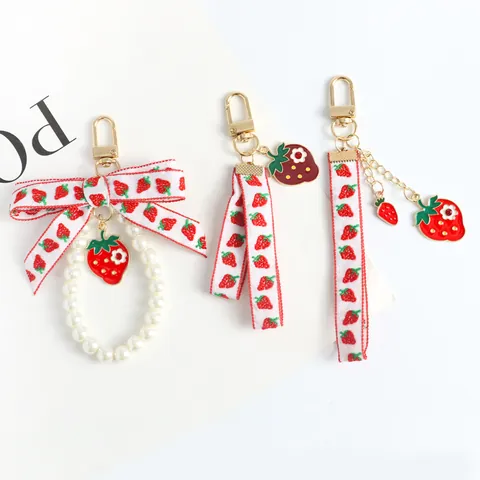 Cute Strawberry Ribbon Keychain Faux Artificial Pearl Bag Charm Alloy Fruit Enamel Pendant Accessory For Women Girls Gift