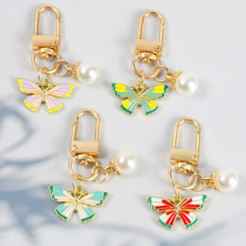 Butterfly Enamel Pearl Keychain For Women Girls Alloy Gold Lobster Clasp Pendant Forest Style Bag Charm Phone Case Jewelry Gift