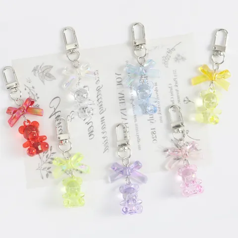 Cute Resin Bear Keychain With Holographic Bowtie Colorful Iridescent Bear Pendant Bag Charm For Women Girls Gift Jewelry