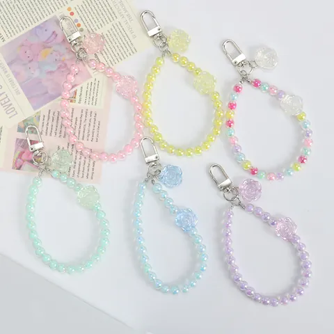 Crystal Flower Beaded Keychain Cute Colorful Resin Rose Bead Bag Charm Phone Lanyard Wristlet Keyring For Women Girls Gift