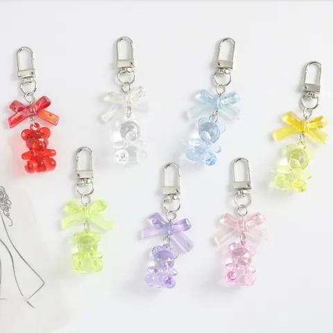 Cute Resin Bear Keychain With Holographic Bowtie Colorful Iridescent Bear Pendant Bag Charm For Women Girls Gift Jewelry