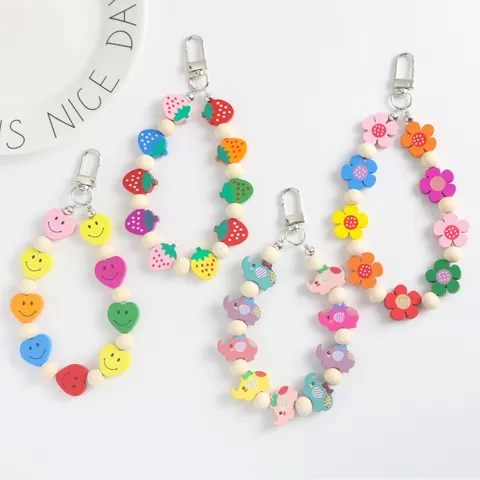 Süßer Holzperlen Schlüsselanhänger Für Damen Bunter Cartoon Elefant Blume Herz Smiley Tasche Charm Auto Schlüsselanhänger Zubehör