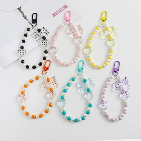 Dolce Portachiavi con Perline Estetica Femminile Cuore Pois Fiocco Perla Sintetica Ciondolo Telefono Accessorio Acrilico Colorato per Borse Donna