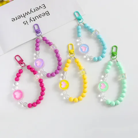 Acrylic Heart Beaded Keychain Phone Strap For Women Bag Charm Sweet Macaron Color Beaded Lanyard Pendant Key Ring Accessory