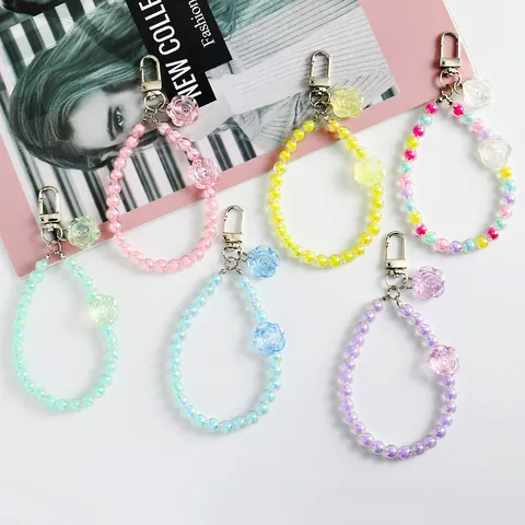Crystal Flower Beaded Keychain Cute Colorful Resin Rose Bead Bag Charm Phone Lanyard Wristlet Keyring For Women Girls Gift