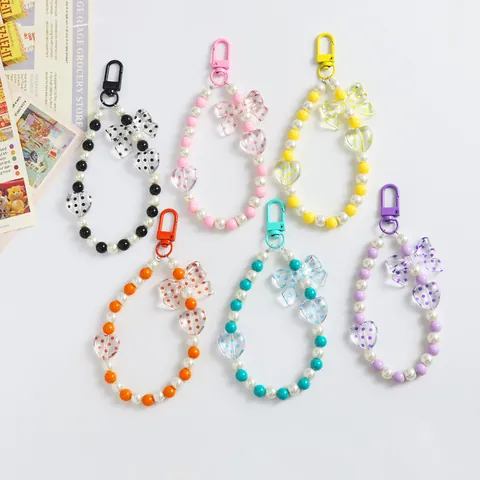 Dolce Portachiavi con Perline Estetica Femminile Cuore Pois Fiocco Perla Sintetica Ciondolo Telefono Accessorio Acrilico Colorato per Borse Donna