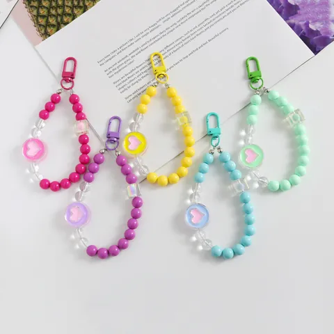 Acrylic Heart Beaded Keychain Phone Strap For Women Bag Charm Sweet Macaron Color Beaded Lanyard Pendant Key Ring Accessory