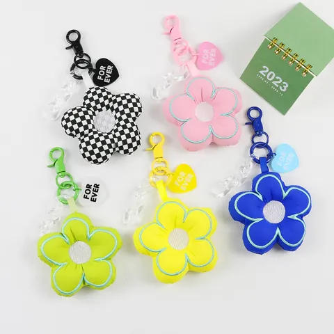 Cute 3D Fabric Flower Keychain With Heart Tag FOR EVER Acrylic Chain Floral Bag Charm Car Key Ring For Women Girls
