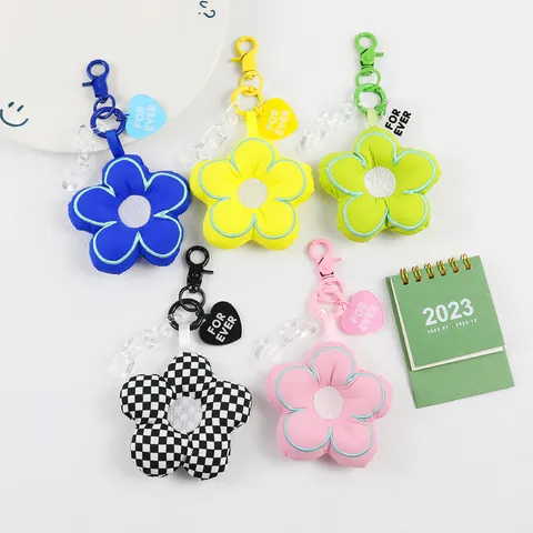Cute 3D Fabric Flower Keychain With Heart Tag FOR EVER Acrylic Chain Floral Bag Charm Car Key Ring For Women Girls