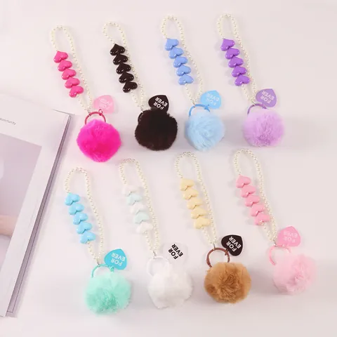 INS Sweet Heart Faux Artificial Pearl Keychain Soft Plush Ball Beaded Heart Pendant For Ever Letter Bag Charm Phone Case Chain Accessory