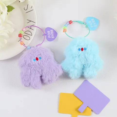 Cute Plush Monster Keychain With Smile Face Beads Heart Pendant For Ever Letter Soft Fur Bag Accessory For Women Girls