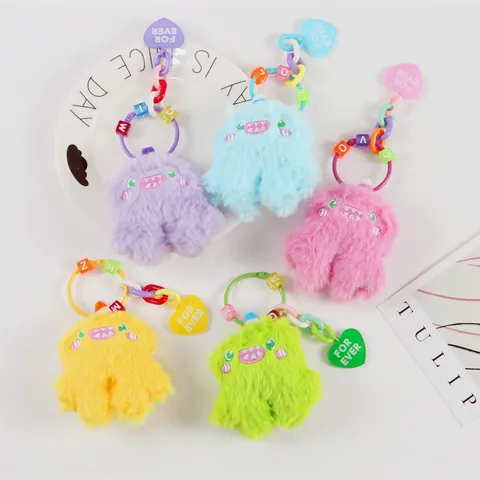 Cute Plush Monster Keychain Cartoon Fuzzy Animal Bag Charm With Heart Pendant And Letter Beads For Women Girls Backpack Decoration