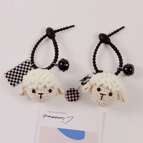 Handmade Crochet Yarn Sheep Keychain Cute Lamb Pendant Bell Checkerboard Tag Cartoon Key Ornament For Bag Car Women Kids
