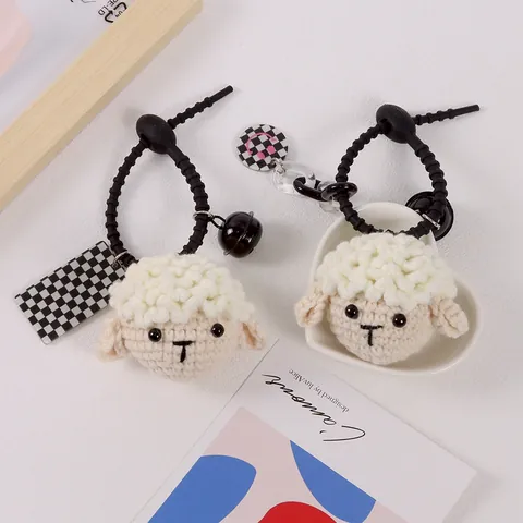 Handmade Crochet Yarn Sheep Keychain Cute Lamb Pendant Bell Checkerboard Tag Cartoon Key Ornament For Bag Car Women Kids