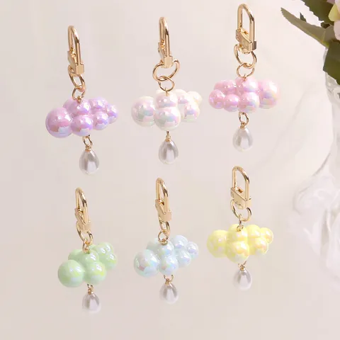 Iridescent Acrylic Cloud Keychain With Teardrop Imitation Artificial Pearl Pendant Cute Colorful Bag Charm Women Girls Jewelry Accessory