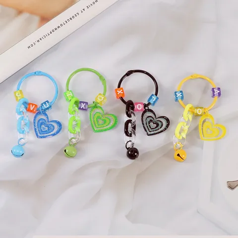 Mignon Porte-clés Cœur Y2K Avec Perles Lettres Et Petite Cloche Breloque De Sac En Acrylique Pailleté Pour Femmes Filles