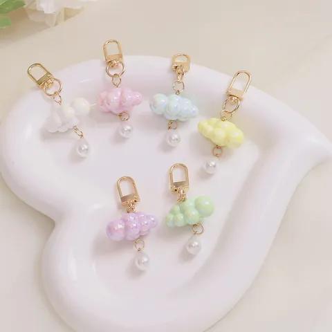Iridescent Acrylic Cloud Keychain With Teardrop Imitation Artificial Pearl Pendant Cute Colorful Bag Charm Women Girls Jewelry Accessory