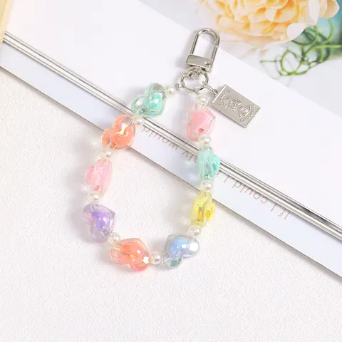 Heart Beaded Keychain Colorful Acrylic Imitation Artificial Pearl Bag Pendant Metal Coin Women Girls Sweet Korean Style Decoration