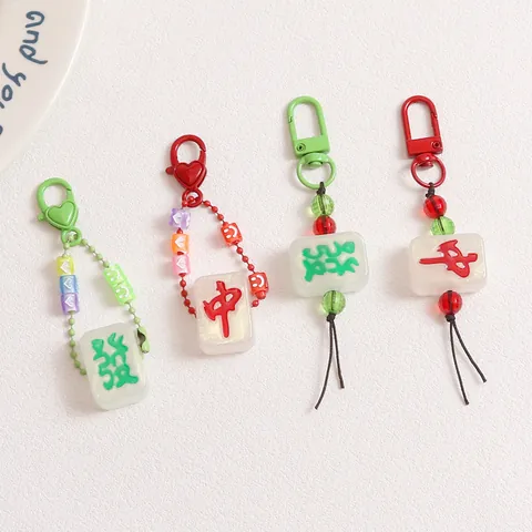 Creative Mahjong Keychain Charm With Beaded Resin Acrylic Traditional Chinese Character Bag Phone Case Ornament Gift