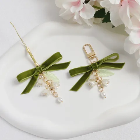 Velvet Ribbon Lily Of The Valley Keychain For Women Vintage Forest Style Bow Bell Orchid Bag Pendant With Alloy Key Ring Artificial Pearl Decoration Gift
