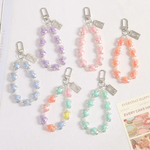 Heart Beaded Keychain Colorful Acrylic Imitation Artificial Pearl Bag Pendant Metal Coin Women Girls Sweet Korean Style Decoration