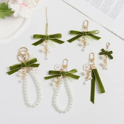 Velvet Ribbon Lily Of The Valley Keychain For Women Vintage Forest Style Bow Bell Orchid Bag Pendant With Alloy Key Ring Artificial Pearl Decoration Gift