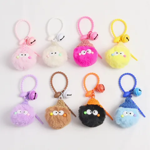 Cute Cartoon Plush Fur Ball Monster Keychain With Mini Knitted Hat And Bell Bag Charm For Women Girls Gift