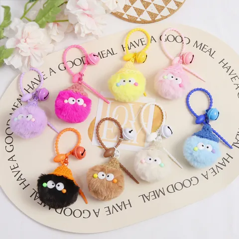 Cute Cartoon Plush Fur Ball Monster Keychain With Mini Knitted Hat And Bell Bag Charm For Women Girls Gift