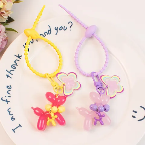 Cute Cartoon Jelly Balloon Dog Keychain Acrylic Resin Bag Pendant With Butterfly Flower Charms Key Ring Decoration For Women