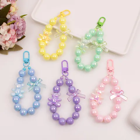 Cartoon Bear Iridescent Beads Keychain For Women Girls Macaron Acrylic Bowknot Bag Charm Earphone Case Pendant Accessories