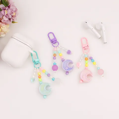 Fresh Macaron Colored Resin Moon Star Beaded Keychain For Women Cute Heart Pendant Bag Charm Car Key Ring Hanging Accessory